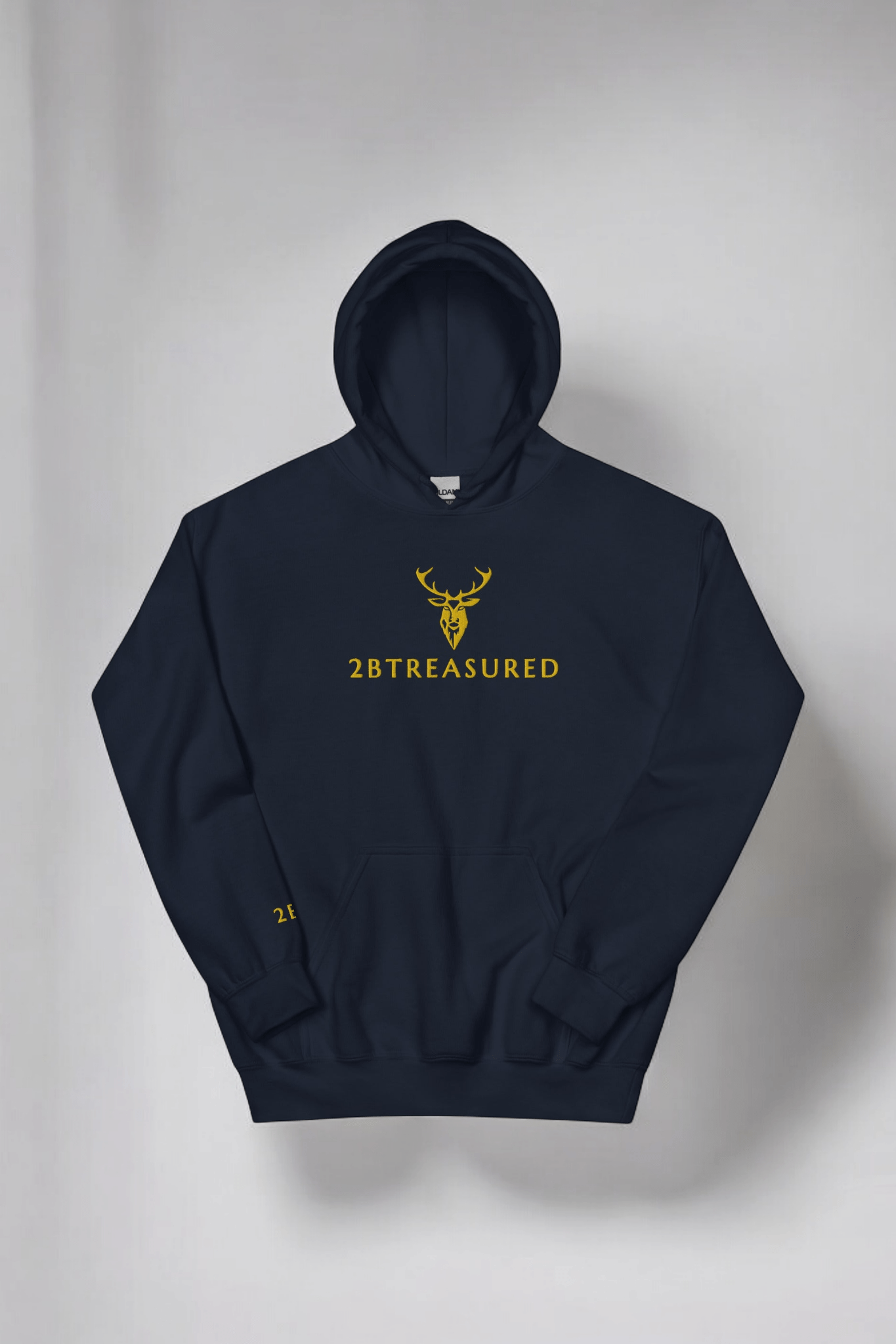 Embroidered Glen Etive Hoodie in navy front view with gold branding from the brand 2BTreasured