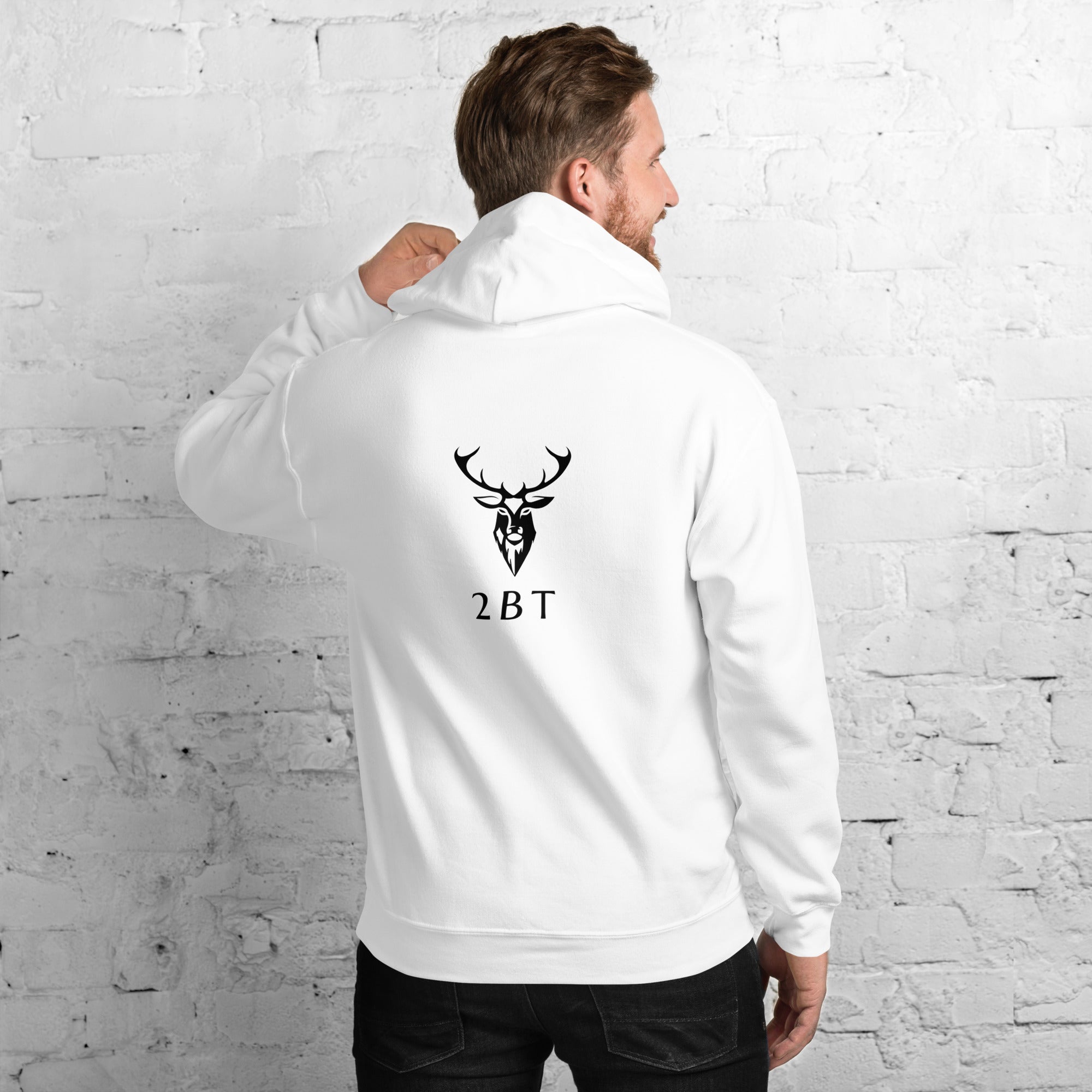 Embroidered Glen Etive Hoodie in white modelled by man view of back logo