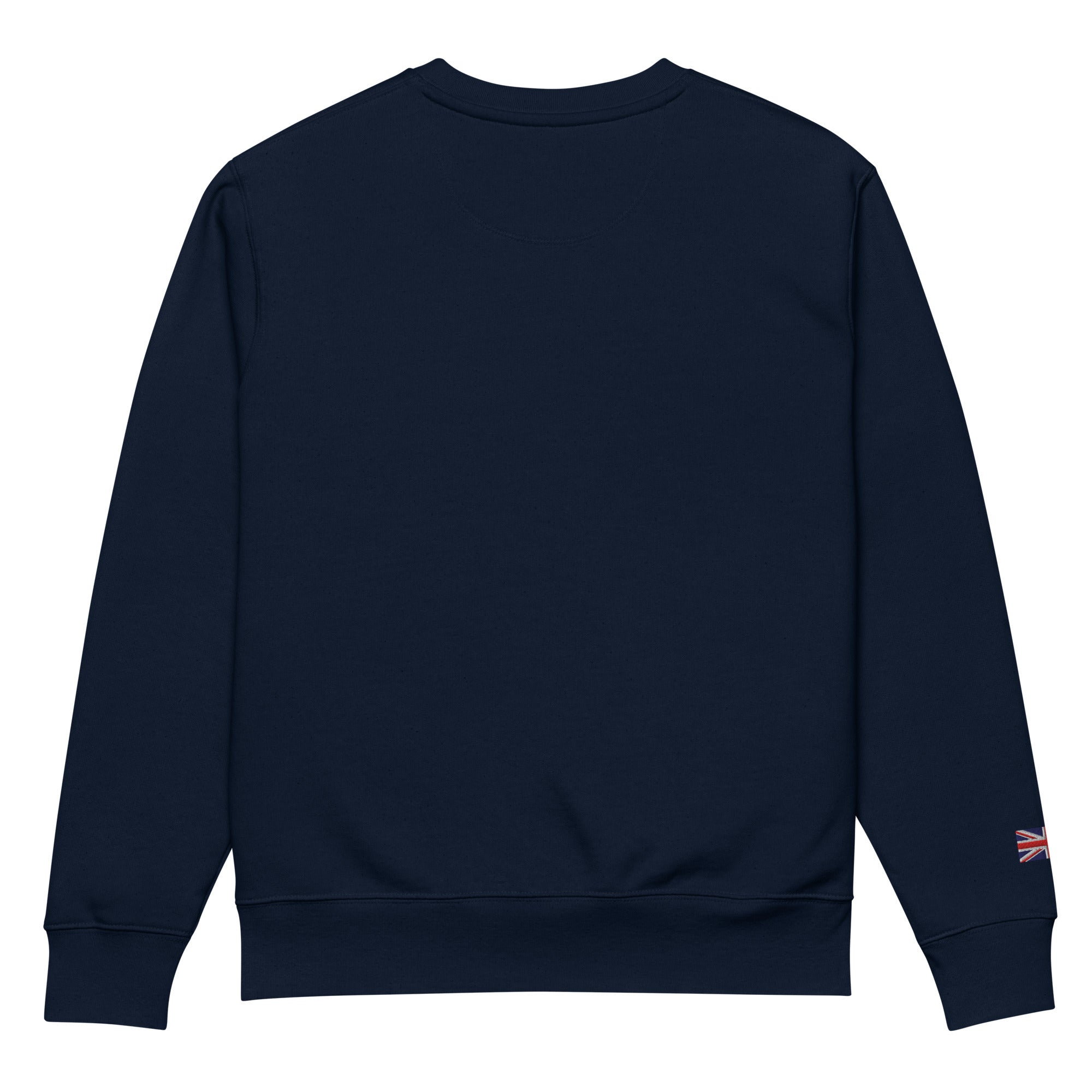 Embroidered Harris Sweatshirt with British Flag back view colour is navy