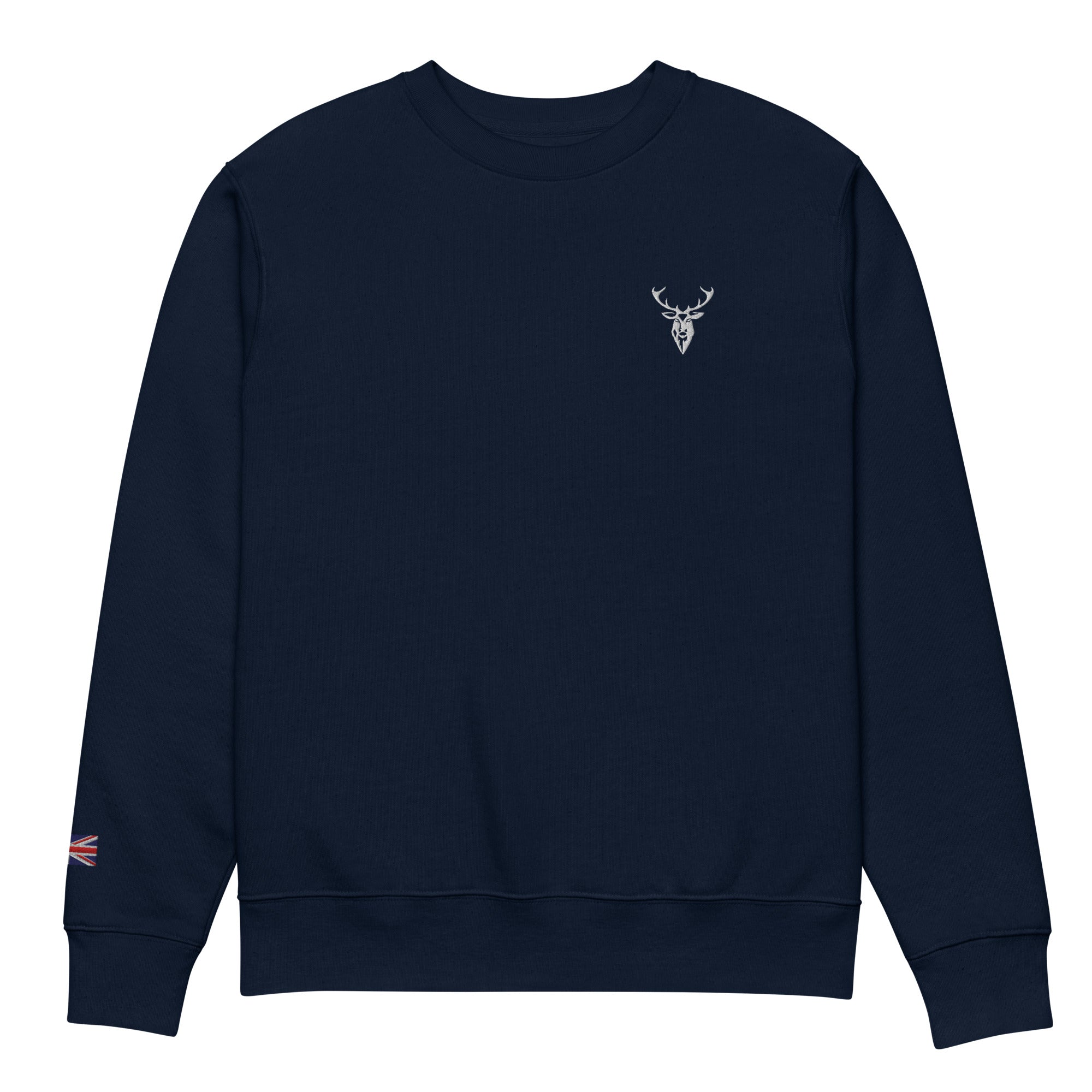 Embroidered Harris Sweatshirt with British Flag front view colour navy minimalist style