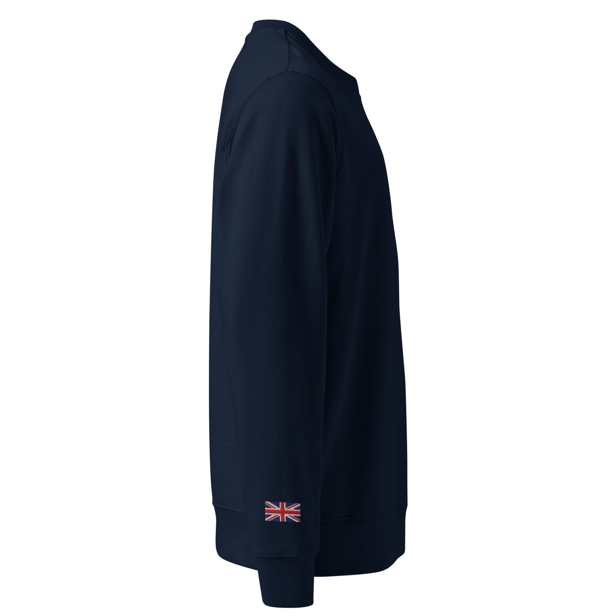 Embroidered Harris Sweatshirt with British Flag side view navy colour