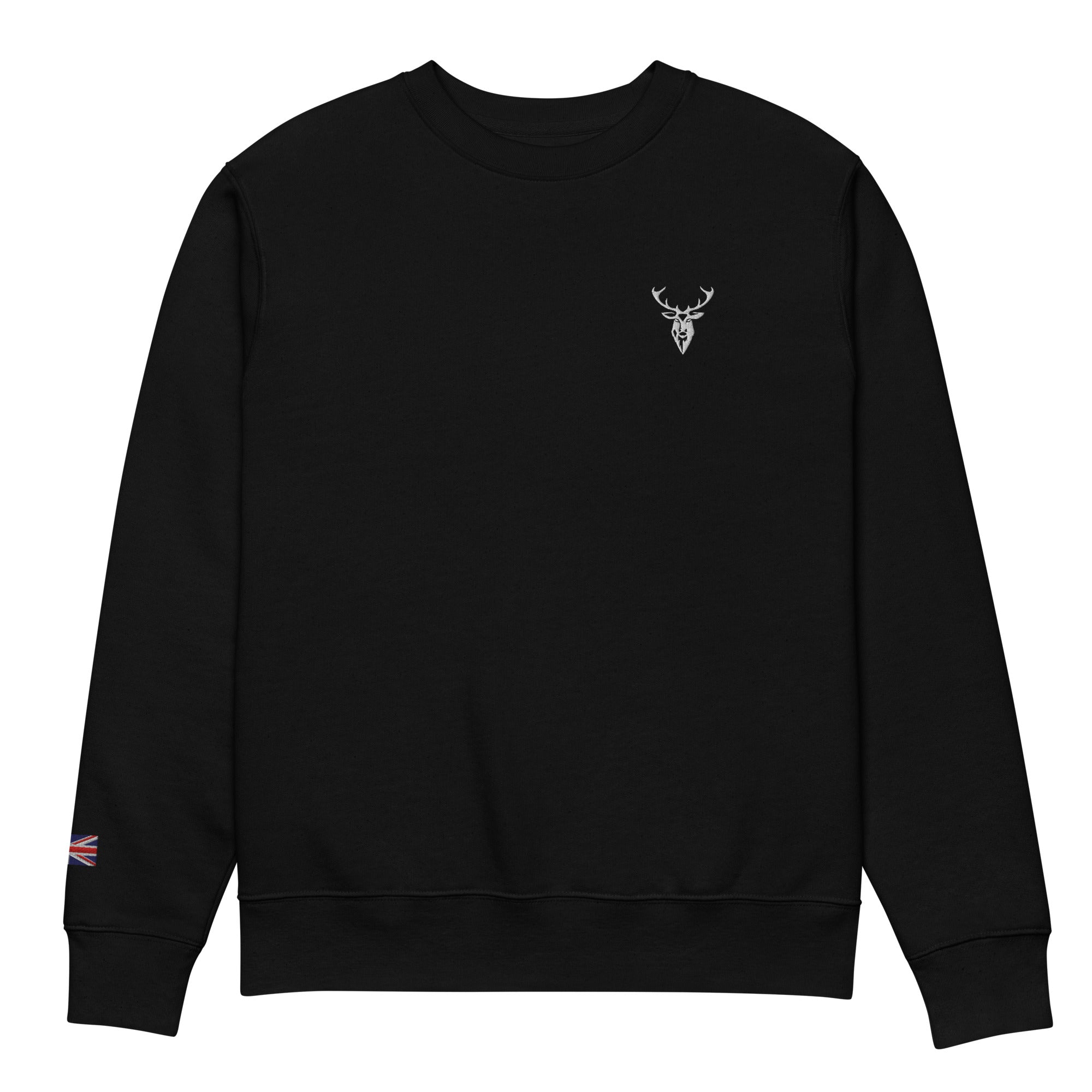 Embroidered Harris Sweatshirt with British Flag on sleeve from brand 2BTreasured front view colour black minimalist design