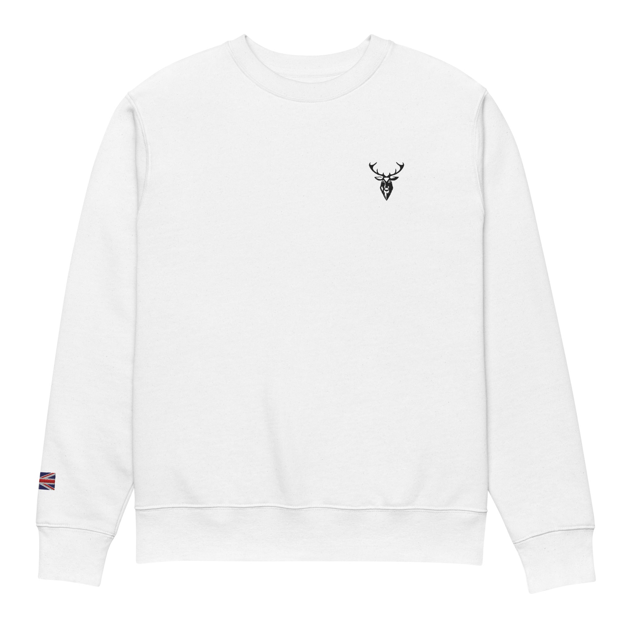 Embroidered Harris Sweatshirt with British Flag on sleeve minimalist style front view colour white