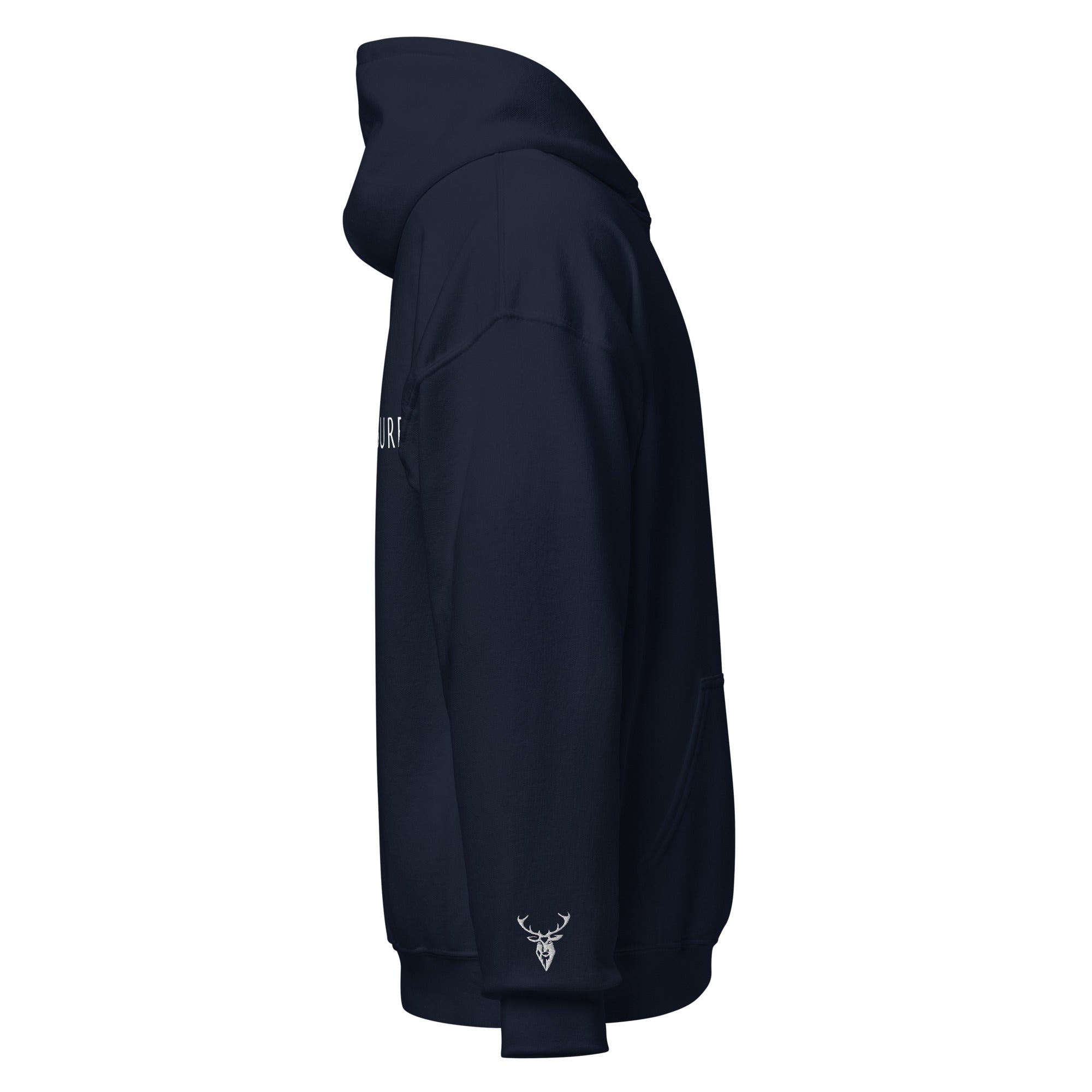 Embroidered Stag Glen Etive Hoodie in navy colour side sleeve view