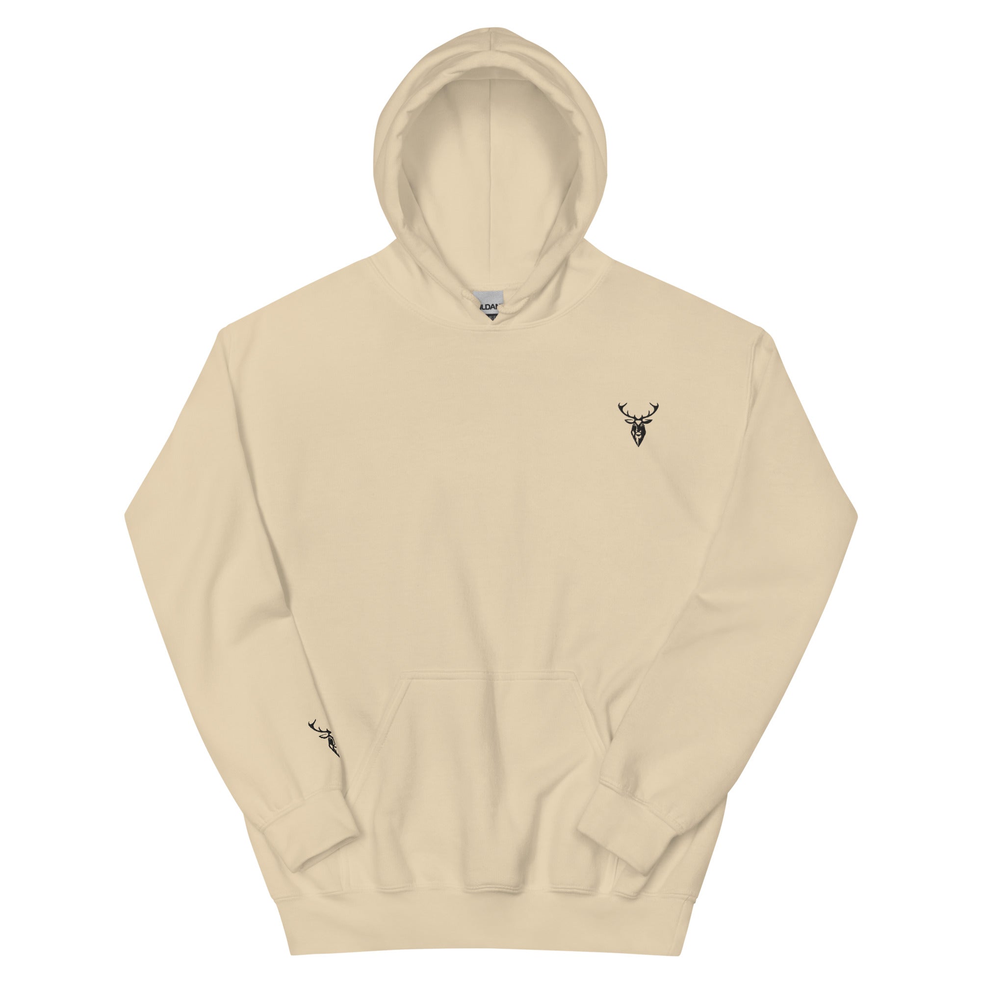 Embroidered Stag Glen Etive Hoodie sand colour view of front with small stag logo