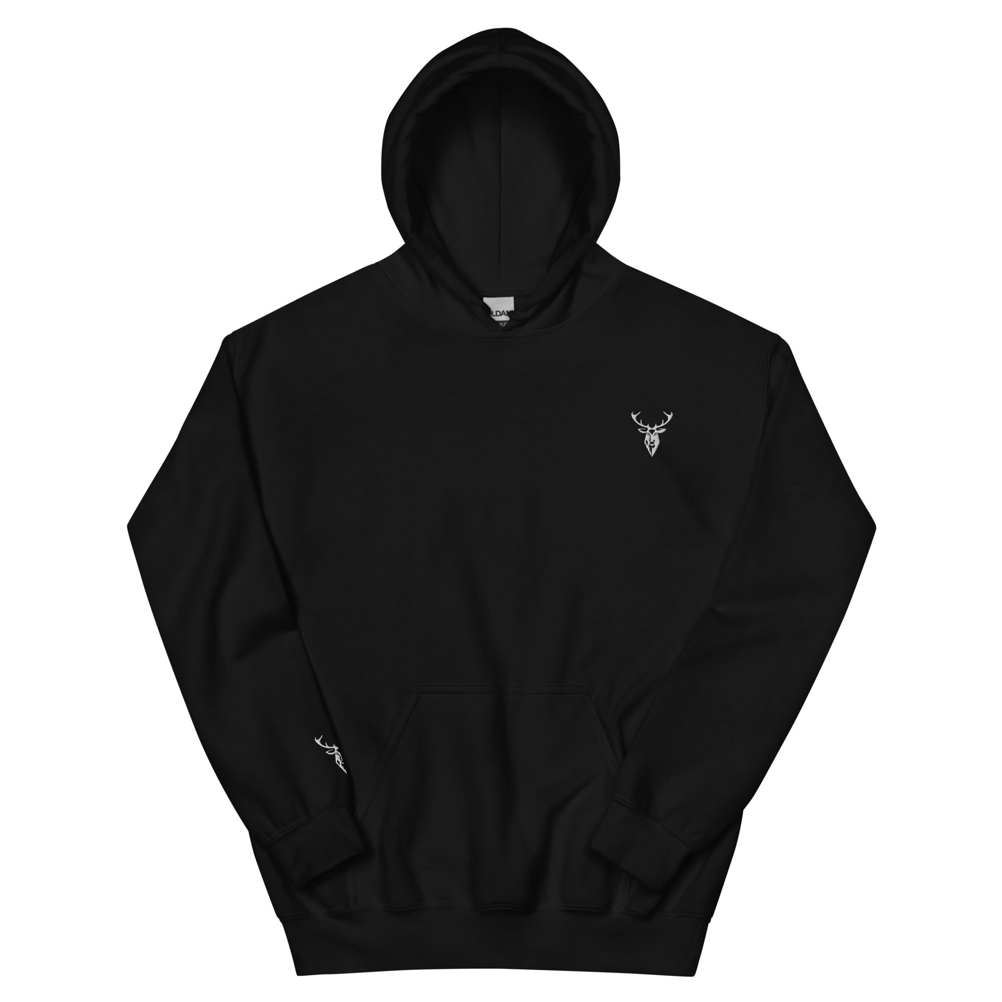 Embroidered Stag Glen Etive Hoodie in Black minimalist style logo front view