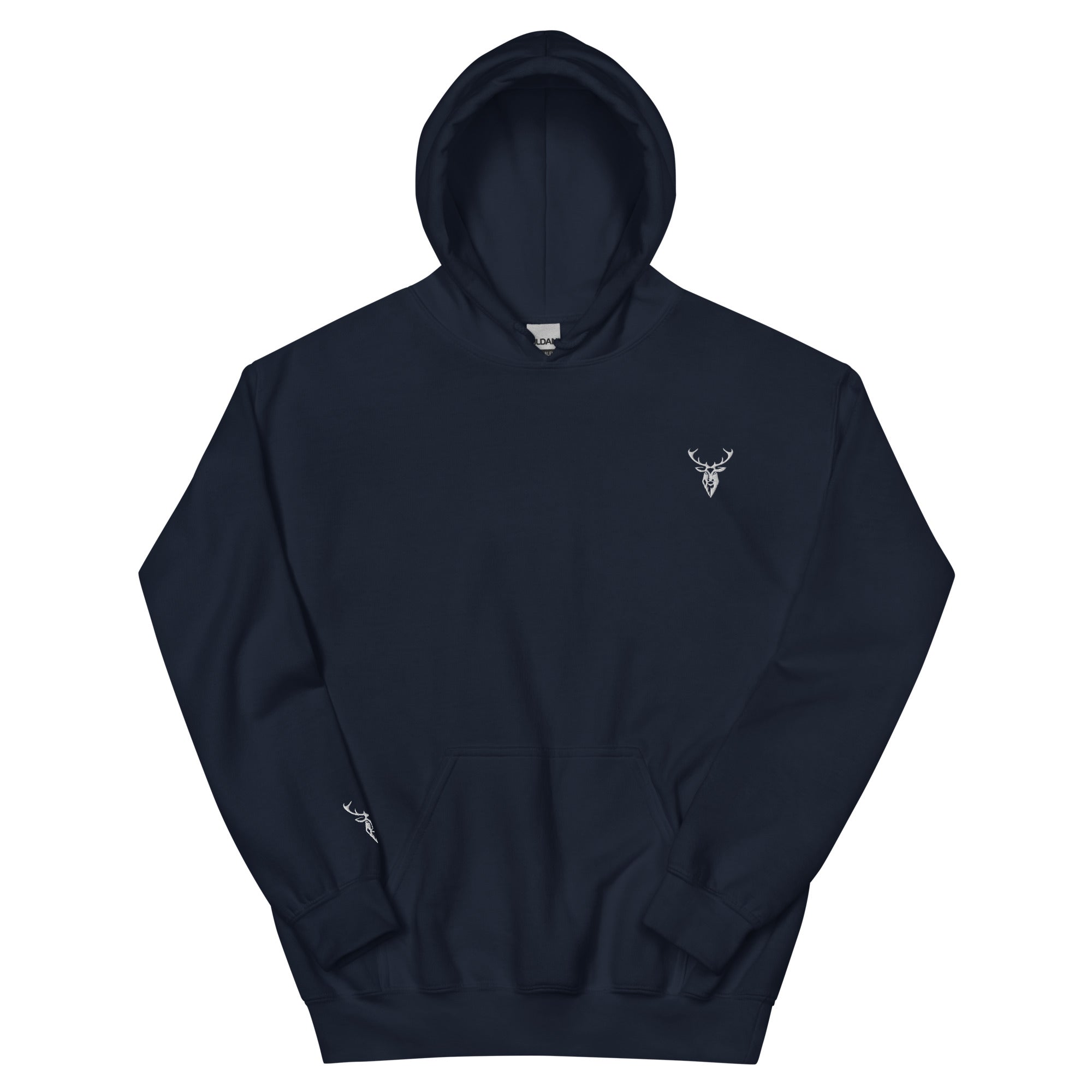 Embroidered Stag Glen Etive Hoodie in navy colour front view minimalist style branding