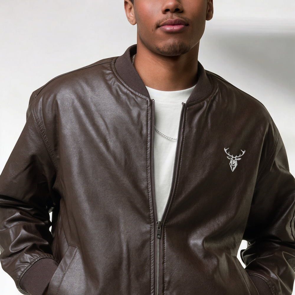 Embroidered Stag Faux Leather Bomber Jacket