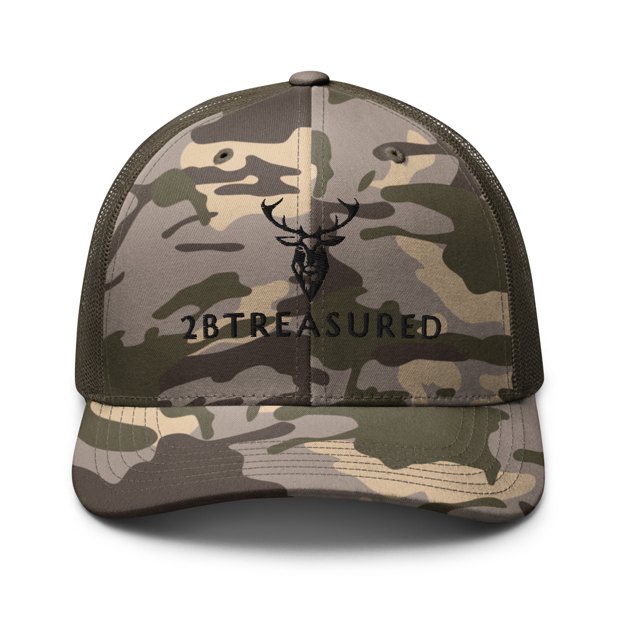 Embroidered BB Camouflage Trucker Hat olive camo front view