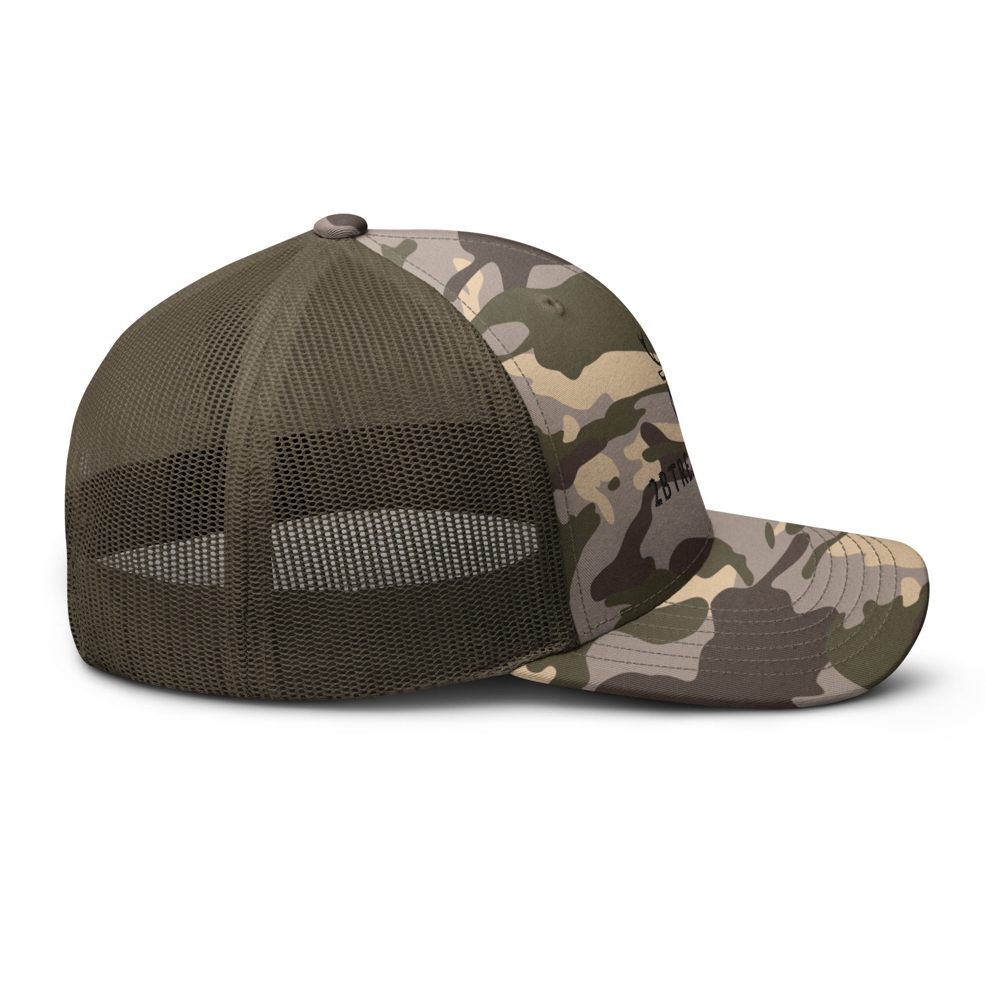Embroidered BB Camouflage Trucker Hat side view camo olive