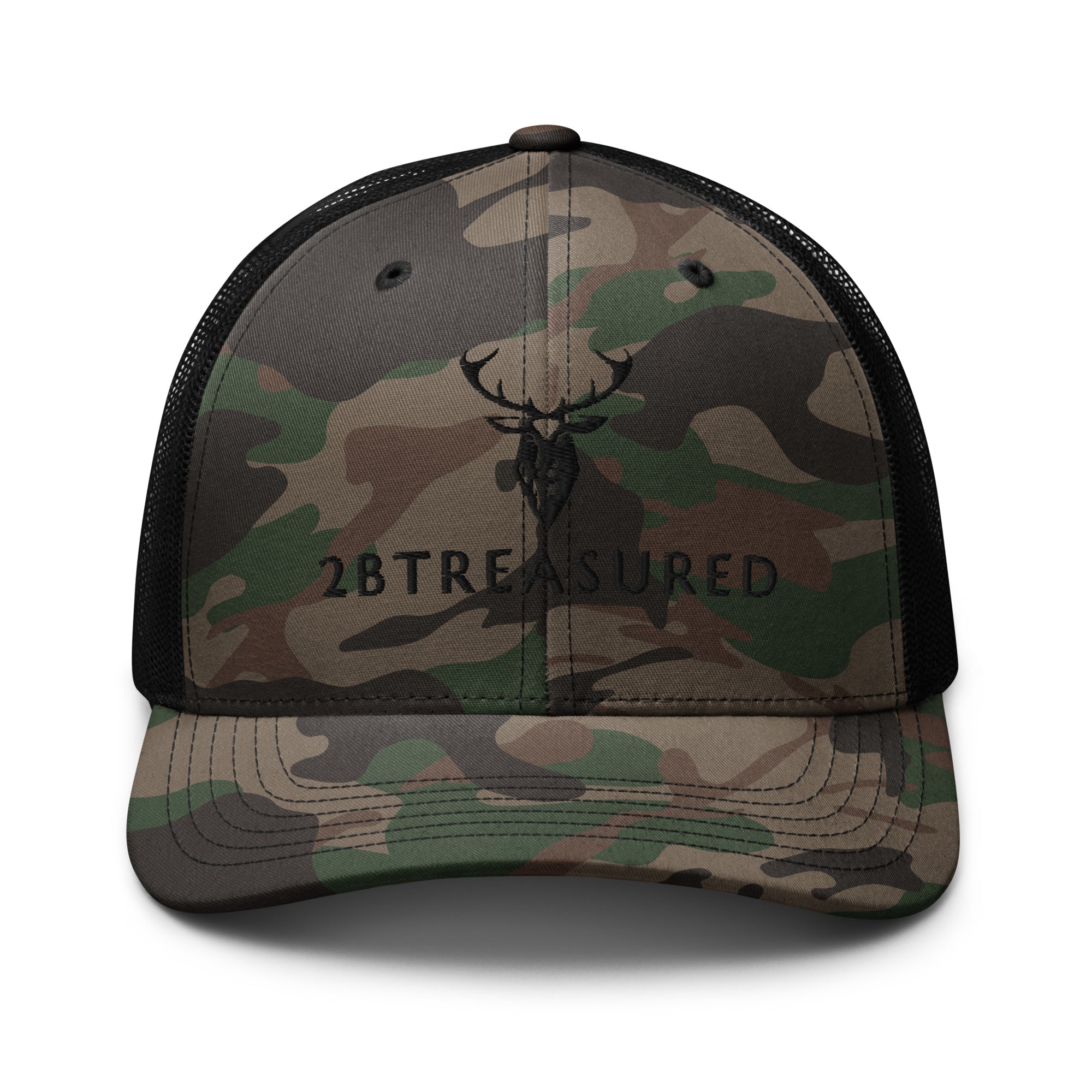 Embroidered BB Camouflage Trucker Hat black camo front view