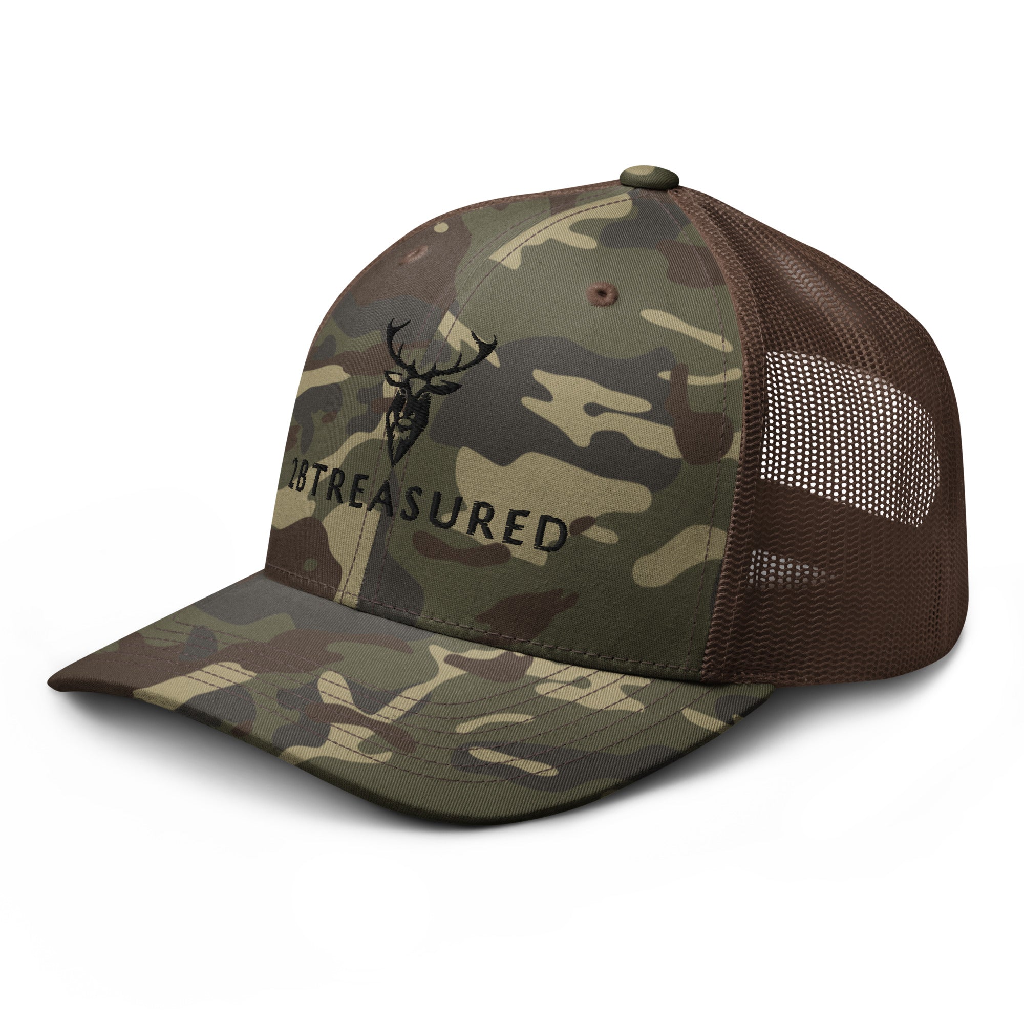 Embroidered BB Camouflage Trucker Hat brown camo left side view