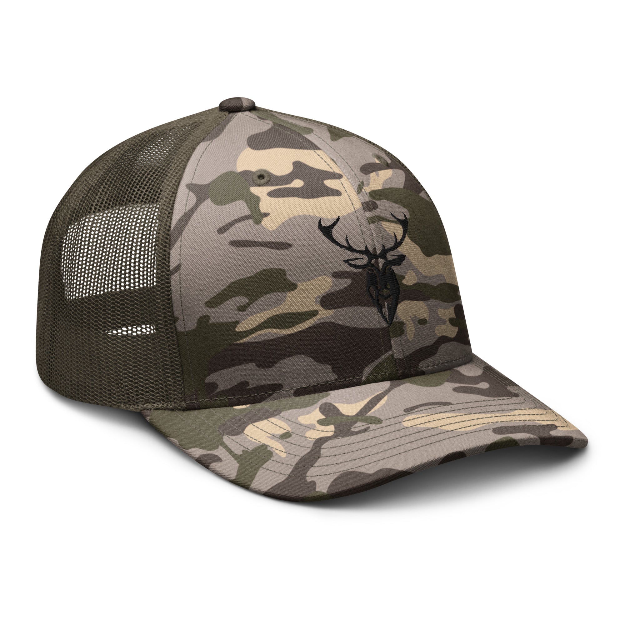 Embroidered Black Stag Camouflage Trucker Hat front right side view olive camo