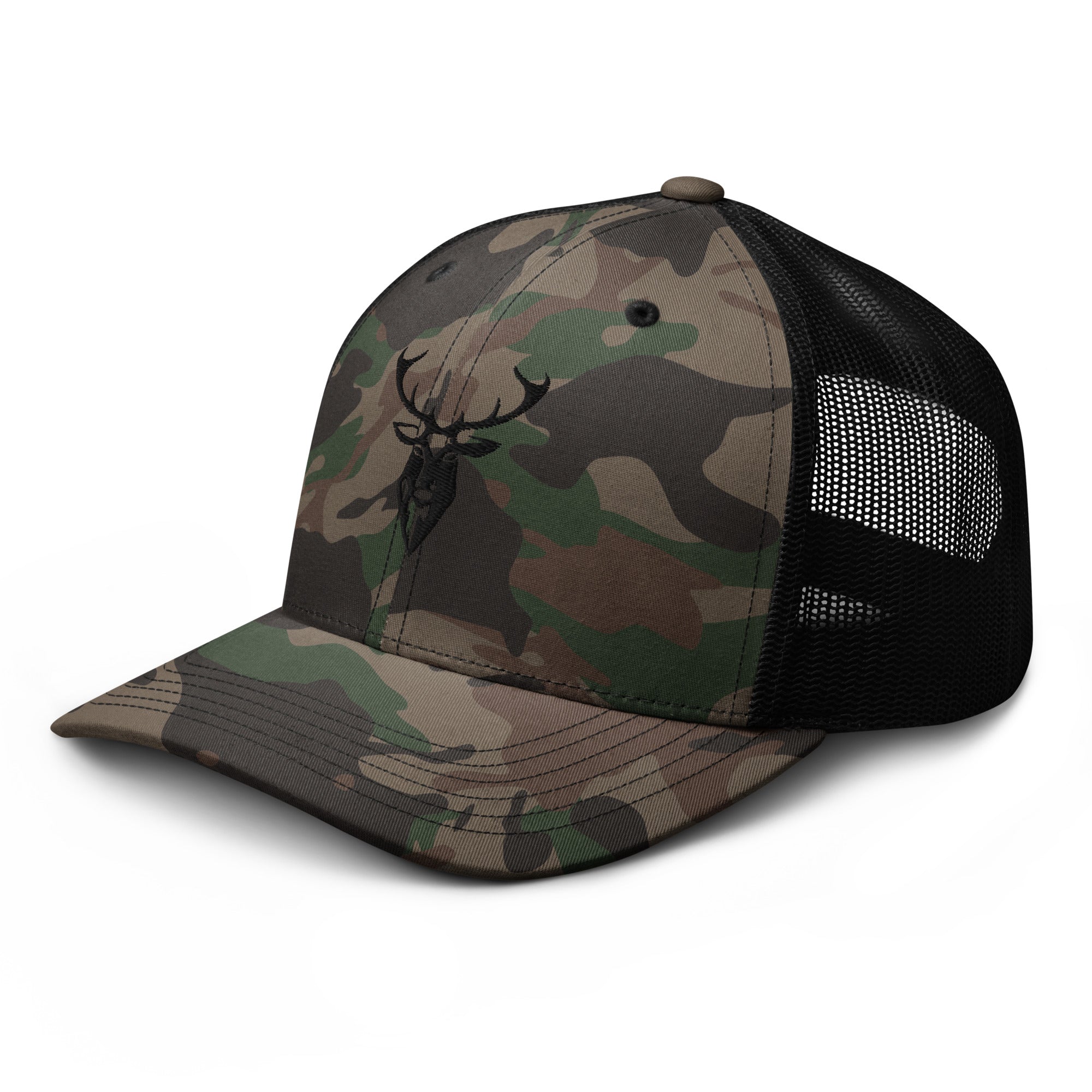 Embroidered Black Stag Camouflage Trucker Hat front left side view