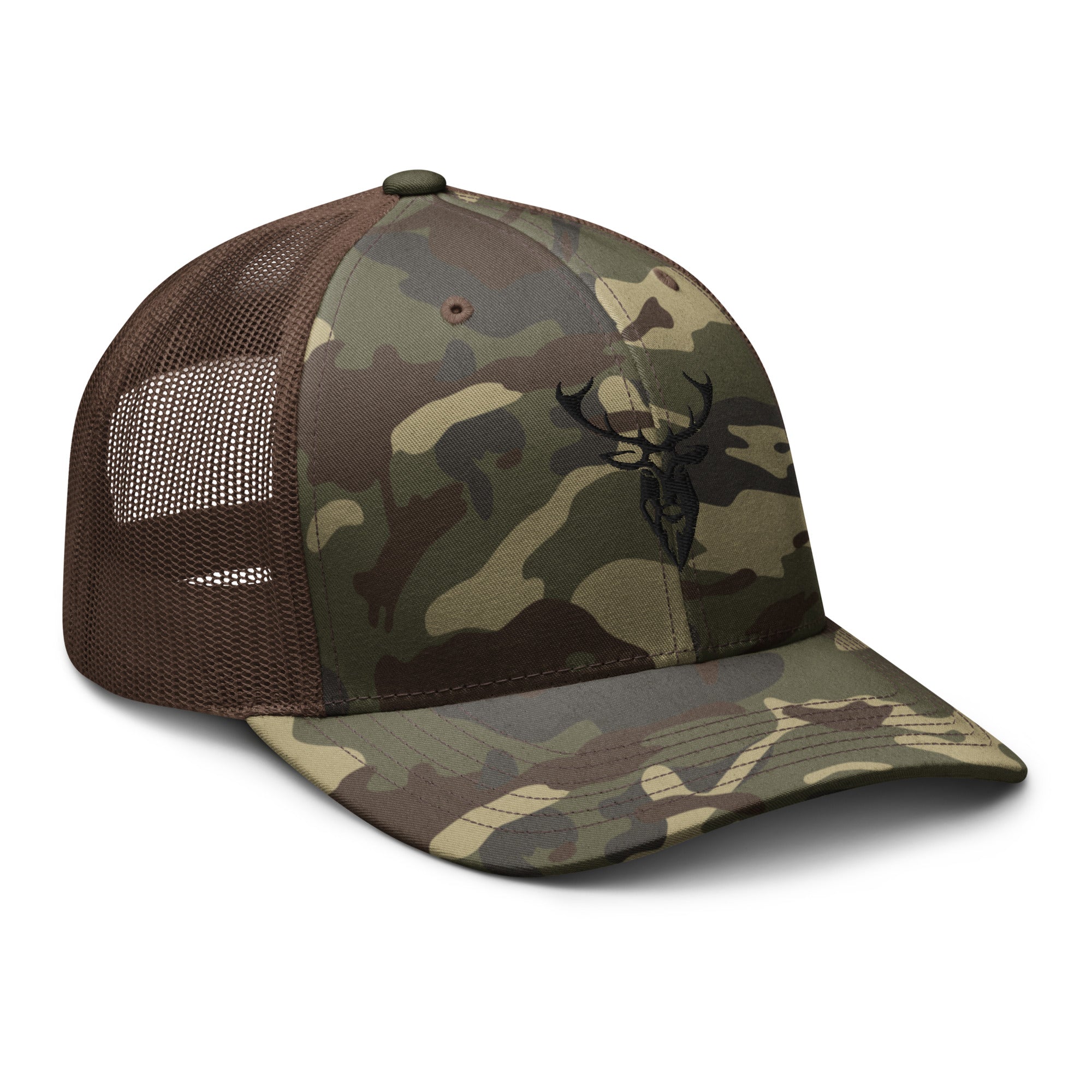 Embroidered Black Stag Camouflage Trucker Hat view of whole cap brown camo
