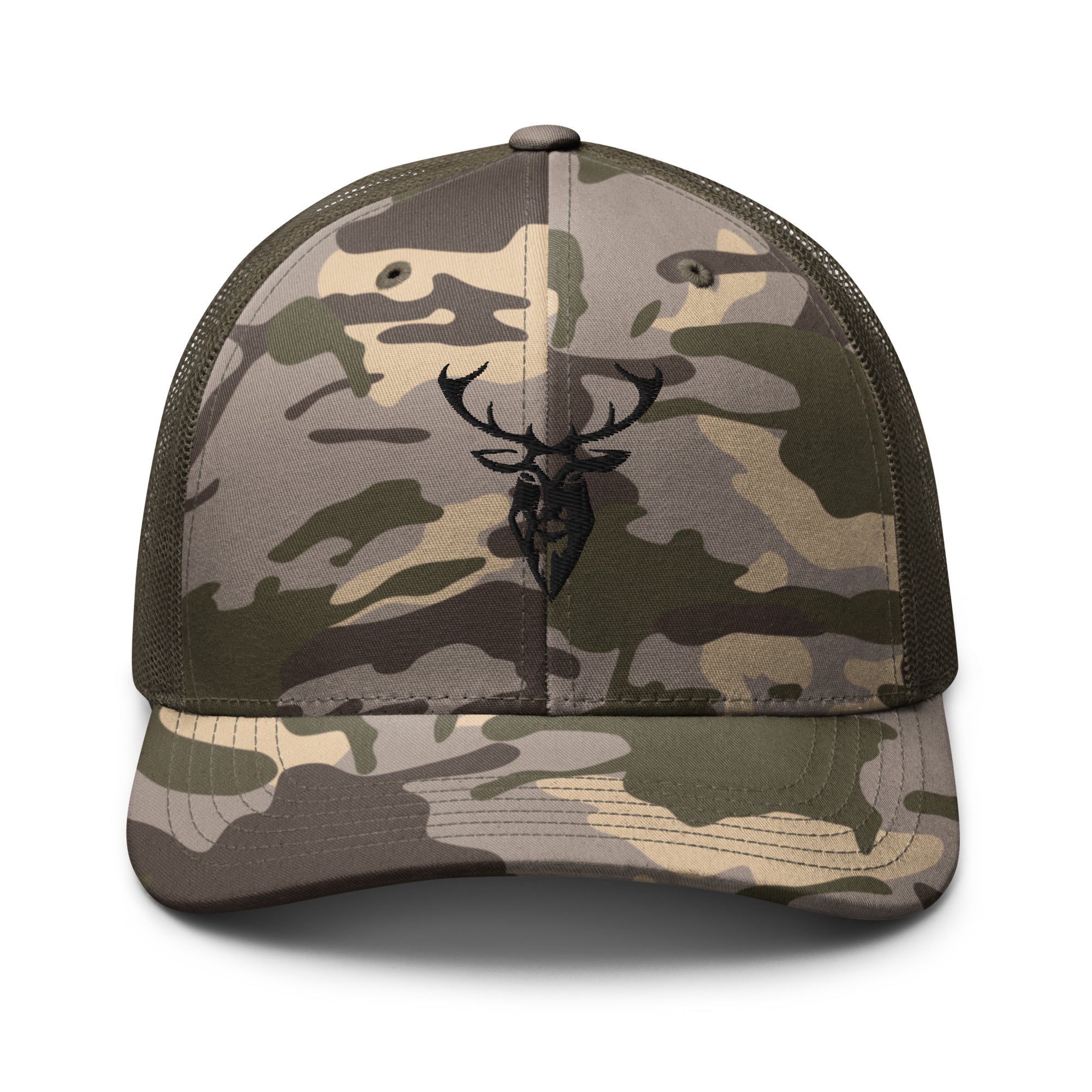 Embroidered Black Stag Camouflage Trucker Hat olive camo front view