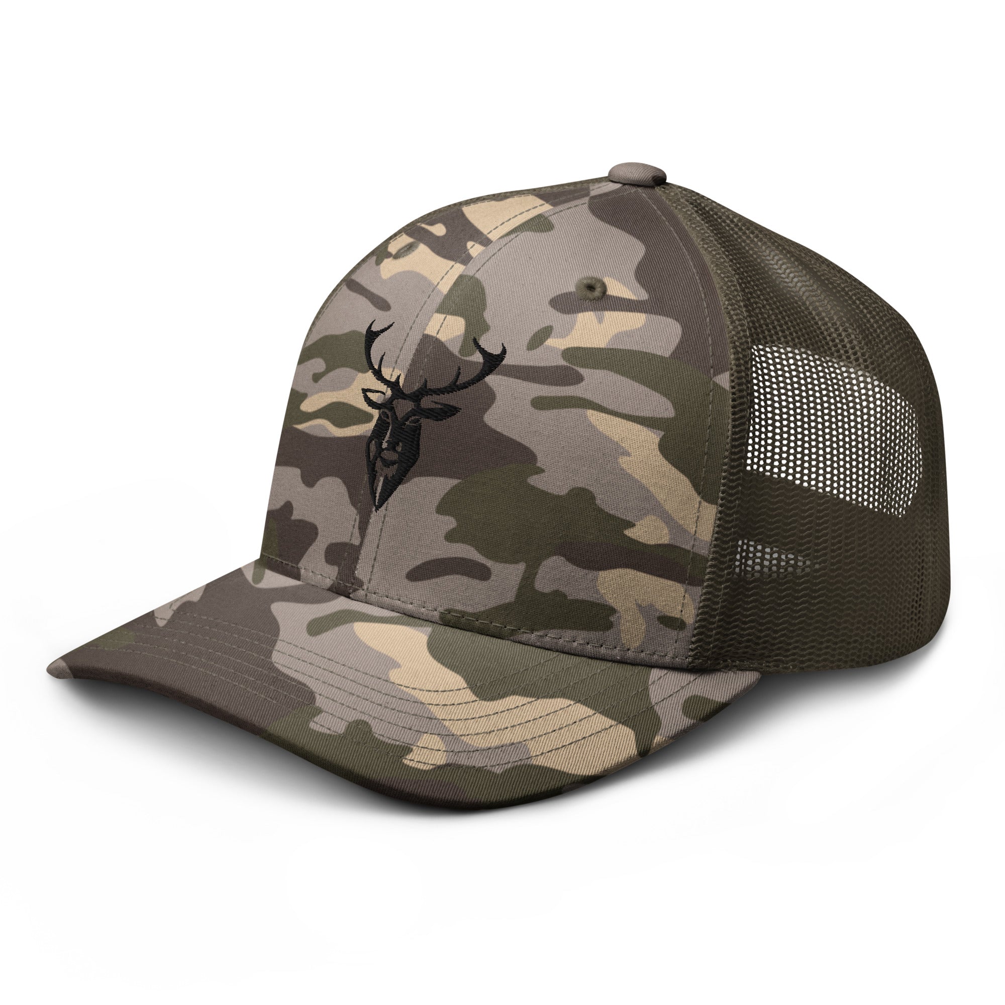 Embroidered Black Stag Camouflage Trucker Hat olive camo front side view