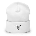 Embroidered Cuffed Beanie white front view with stag branding