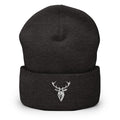 Embroidered Cuffed Beanie dark grey view of front with embroidered stag