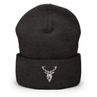 Embroidered Cuffed Beanie dark grey view of front with embroidered stag