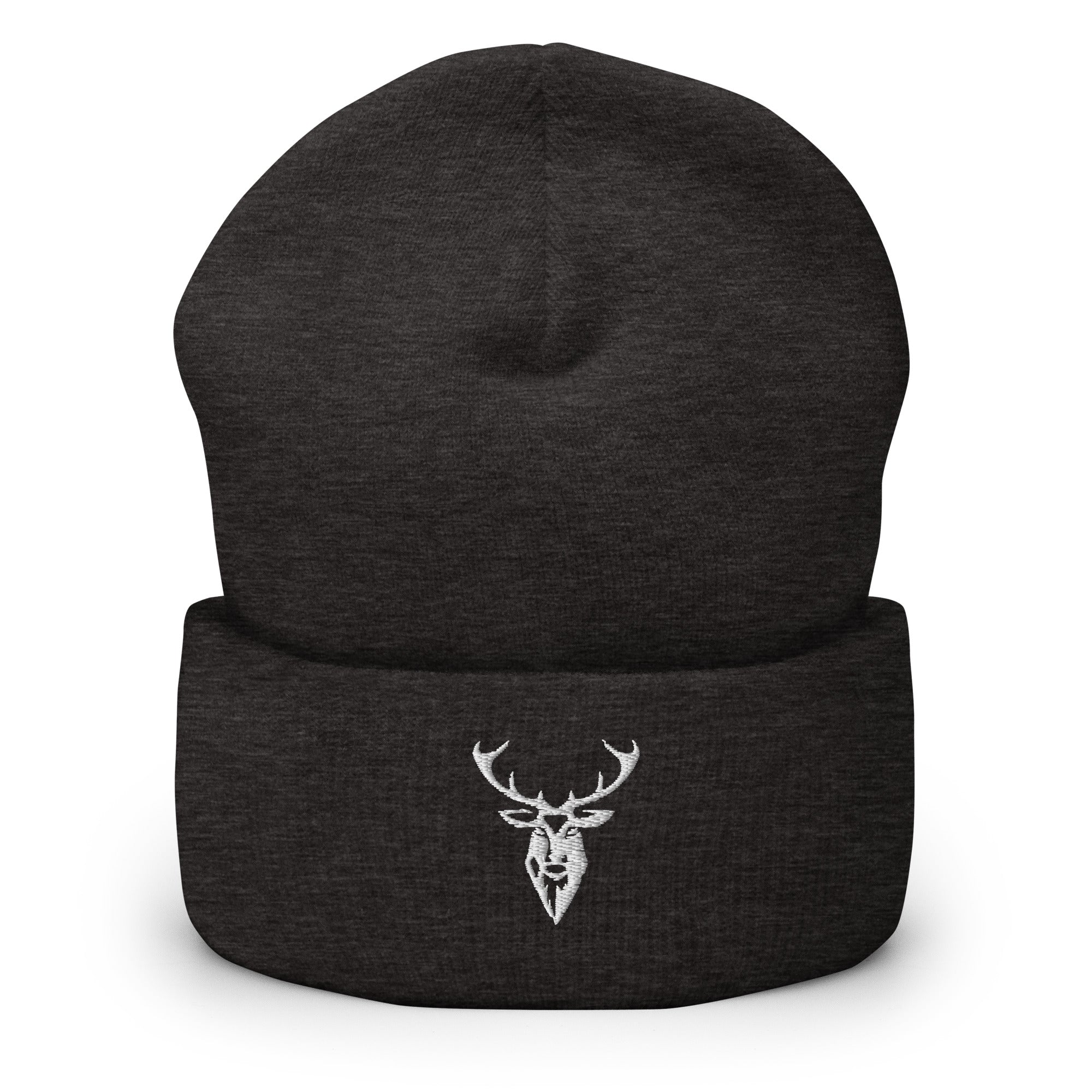 Embroidered Cuffed Beanie dark grey view of front with embroidered stag