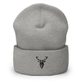 Embroidered Cuffed Beanie grey front view with 2BTreasured stag embroidery 