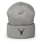 Embroidered Cuffed Beanie grey front view with 2BTreasured stag embroidery 