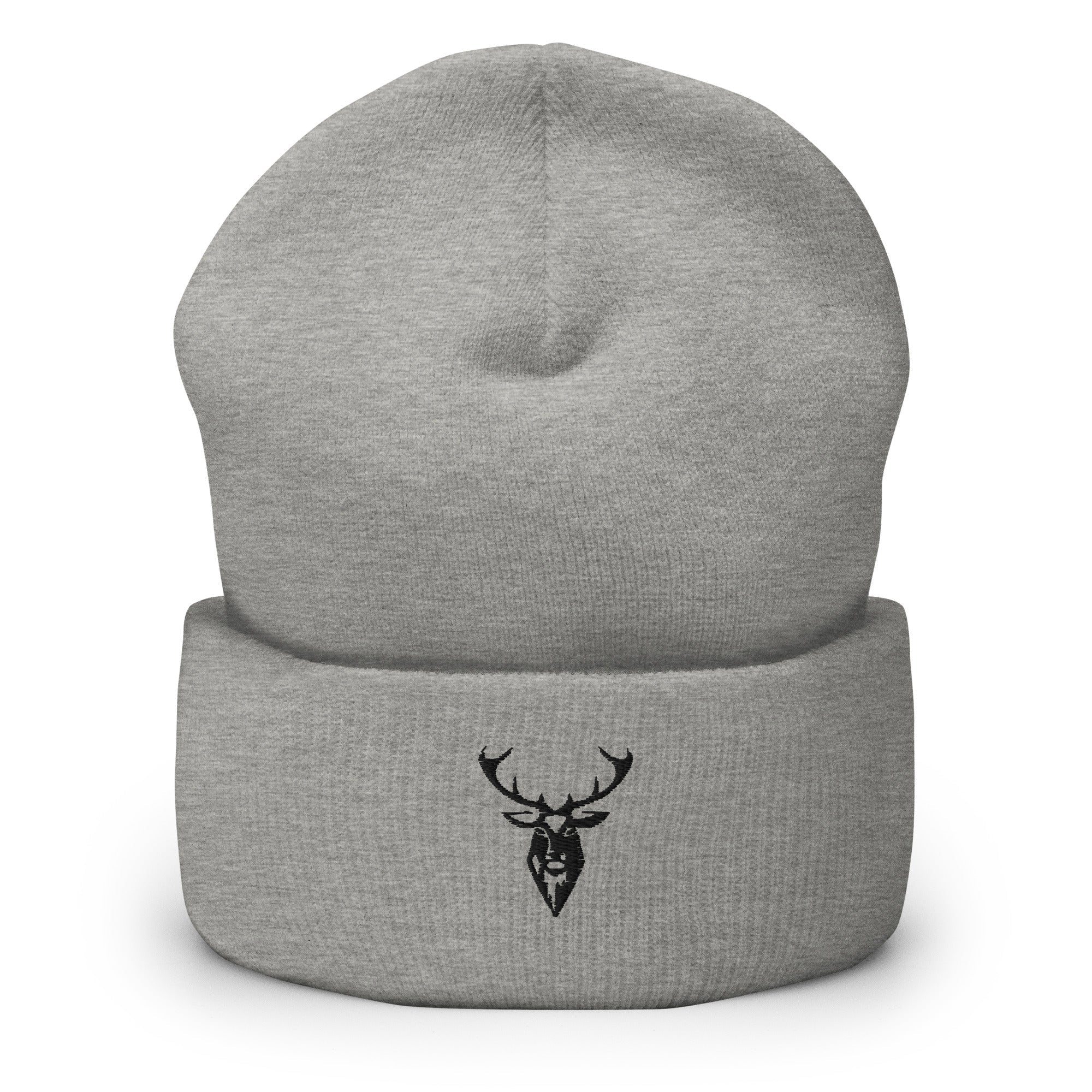 Embroidered Cuffed Beanie grey front view with 2BTreasured stag embroidery 
