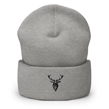 Embroidered Cuffed Beanie grey front view with 2BTreasured stag embroidery 