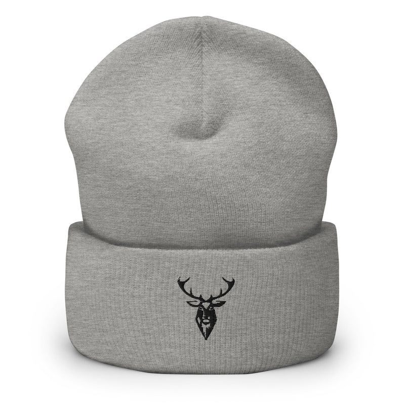 Embroidered Cuffed Beanie grey front view with 2BTreasured stag embroidery 