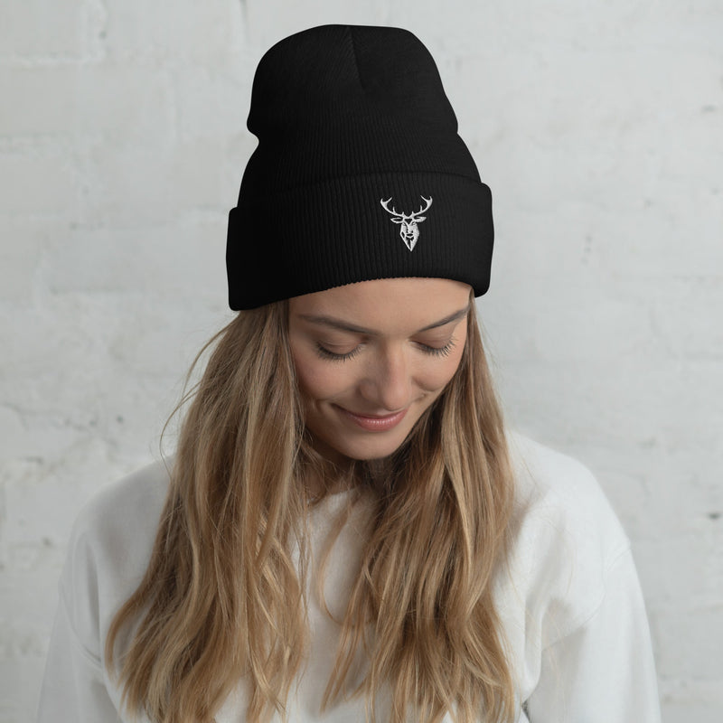 Embroidered Cuffed Beanie in black being modelled by a female