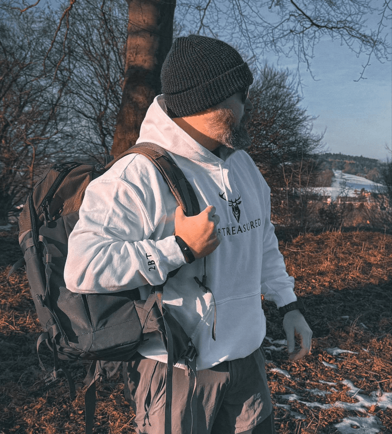 Embroidered Glen Etive Hoodie in white colour modelled by a man in the outdoors brand 2BTreasured