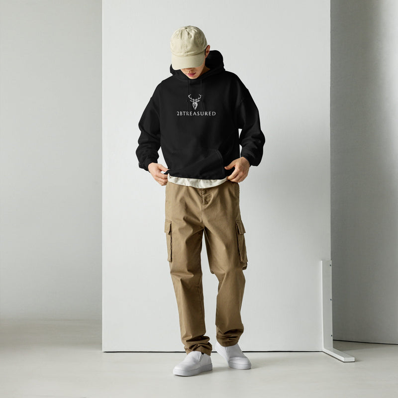 Front view of the Embroidered Glen Etive Hoodie black colour worn by a male model 