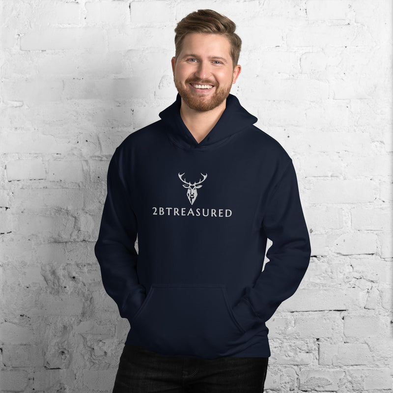 Male modelling the Embroidered Glen Etive Hoodie in navy colour 