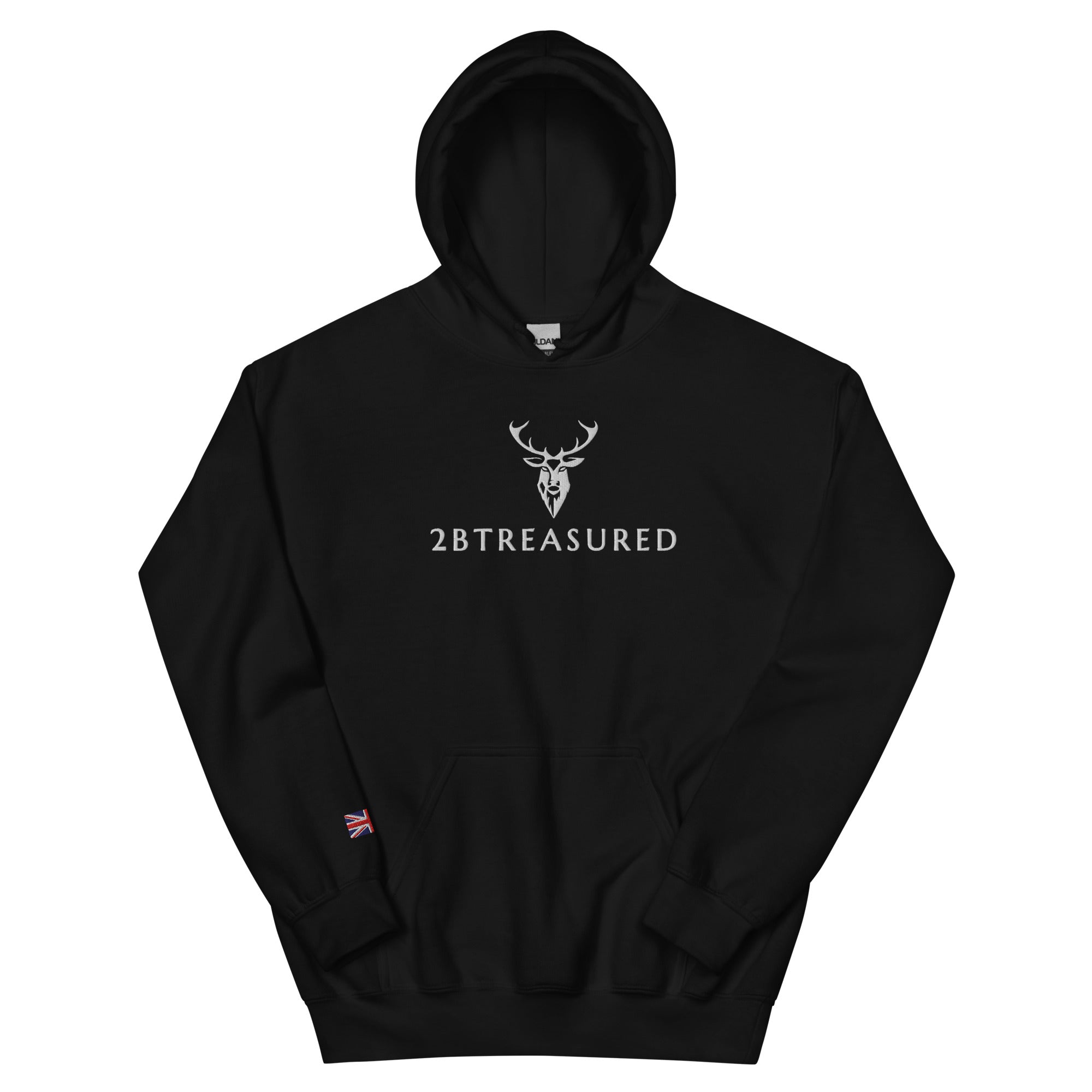 Embroidered Glen Etive Hoodie with British Flag in black front view