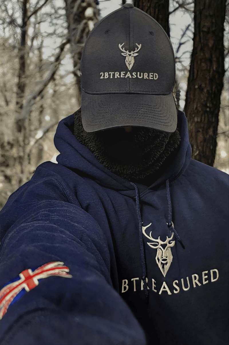 Embroidered Glen Etive Hoodie with British Flag from brand and shop 2BTreasured (2BTreasuredUK) front view navy colour