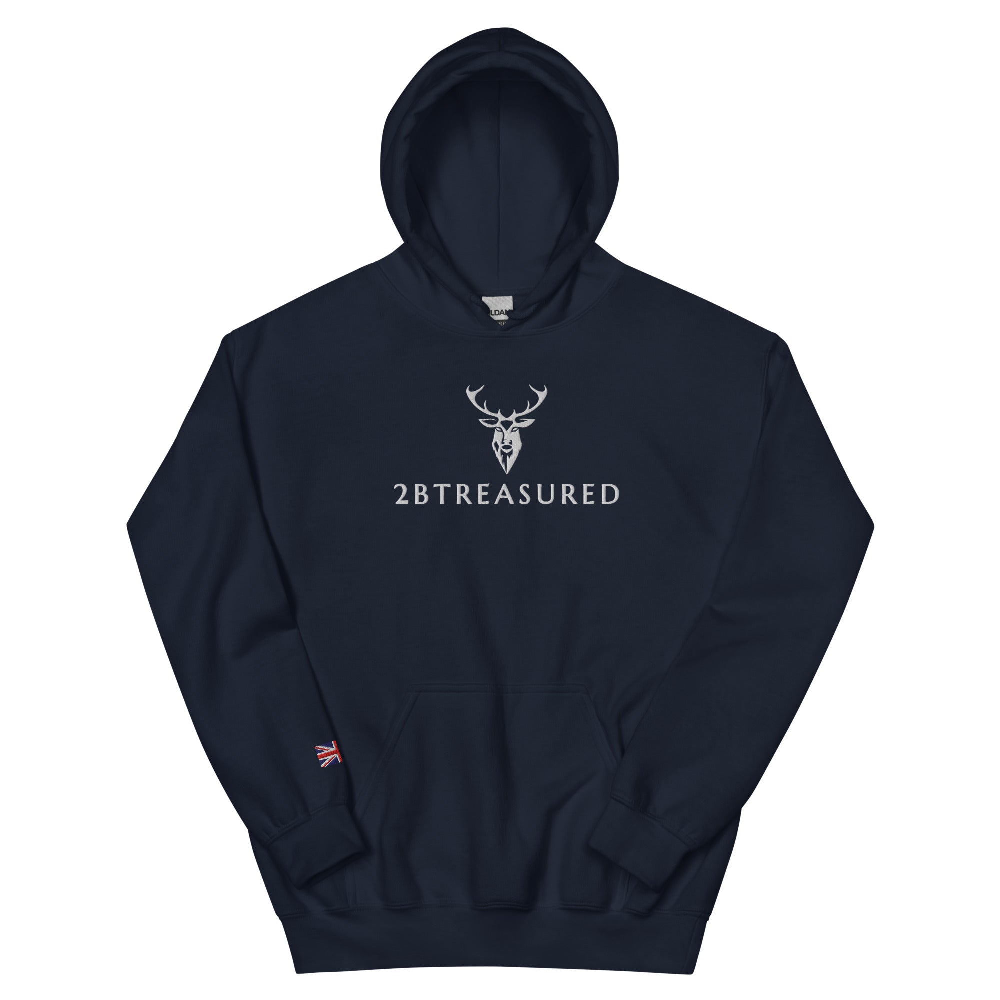 Embroidered Glen Etive Hoodie w British Flag in Navy front view with embroidery 