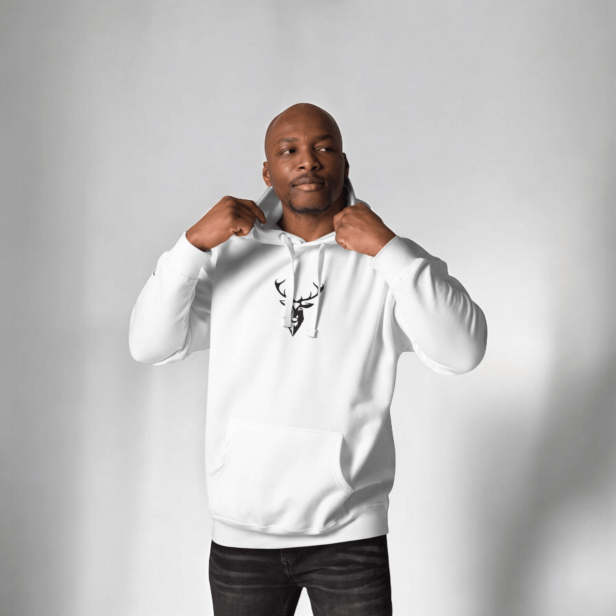 Man wearing Embroidered Lomond Hoodie in white front view