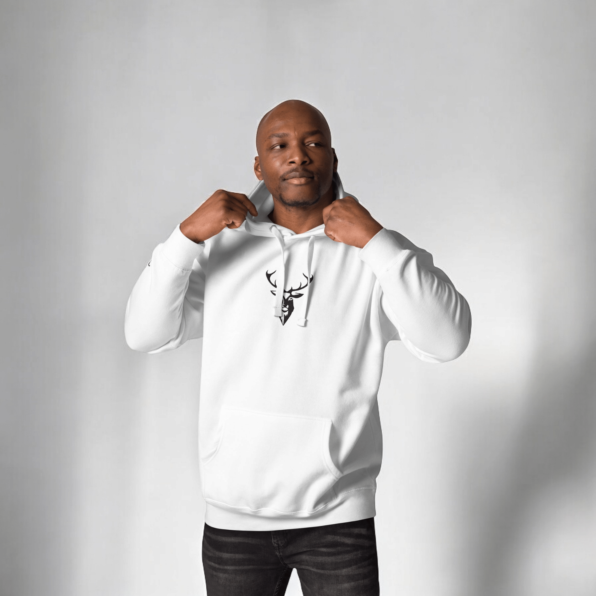Man wearing Embroidered Lomond Hoodie in white front view