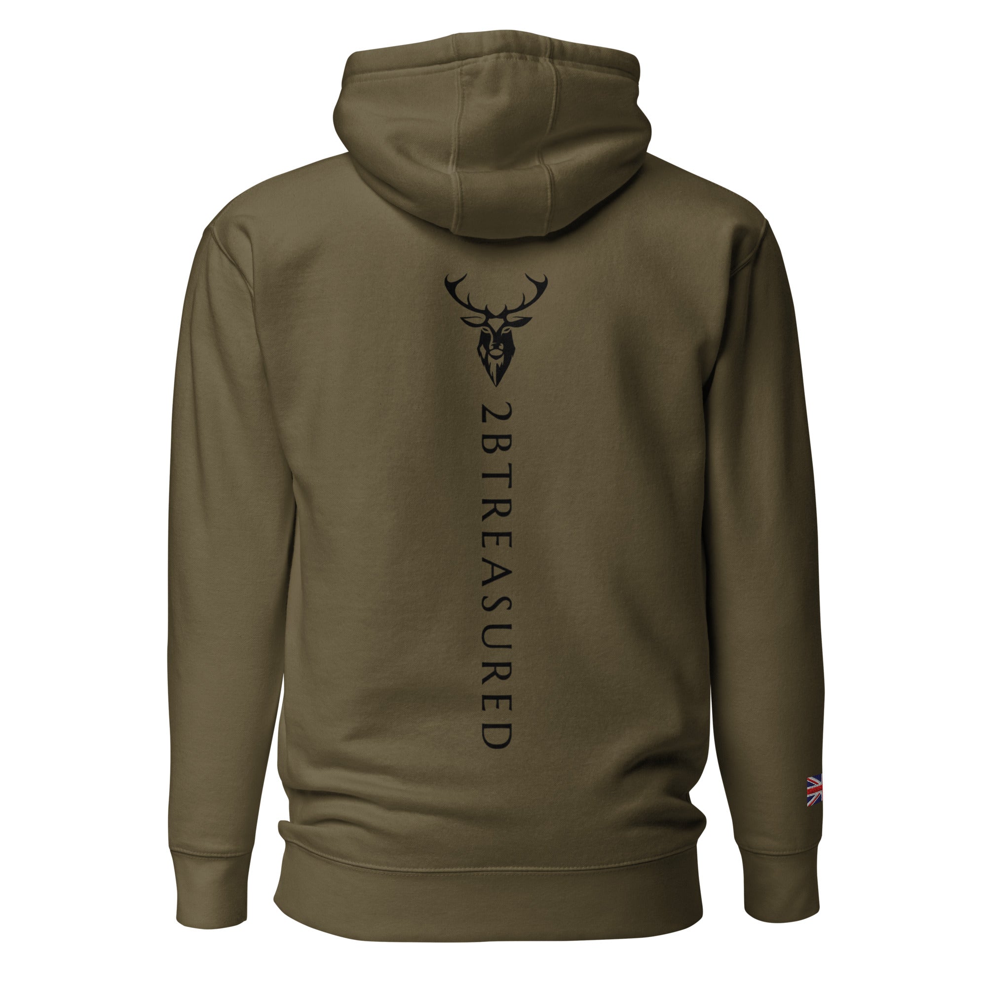 Embroidered Lomond Hoodie w British Flag in Military green view of back 