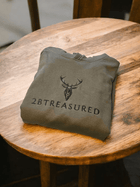 Embroidered Lomond Hoodie with British Flag in Military Green folded on a table top showing embroidered front branding