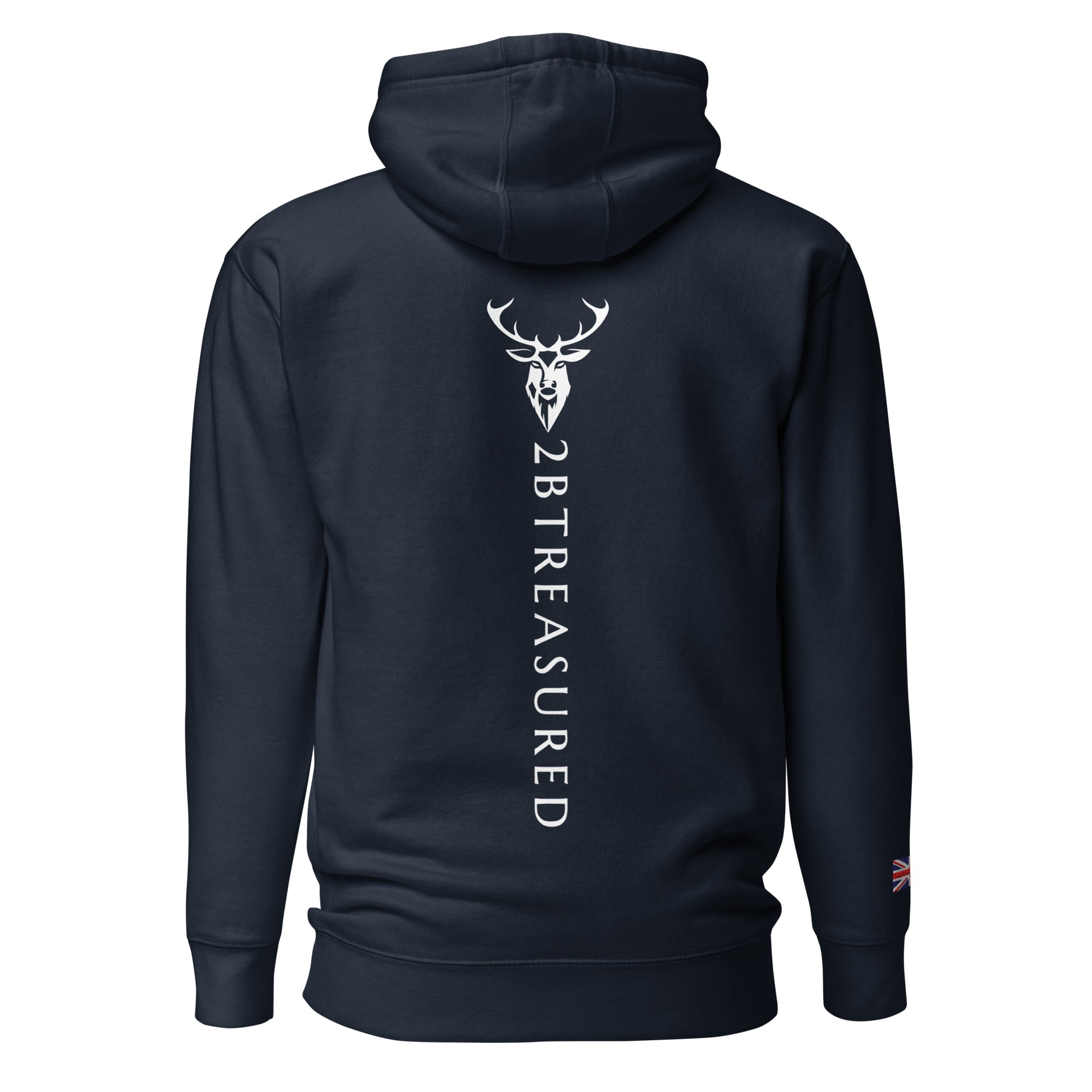 Embroidered Lomond Hoodie w British Flag in Navy back view with branding