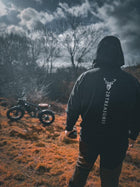 Male modelling the Embroidered Lomond Hoodie w British Flag in black colour back view of clothing item