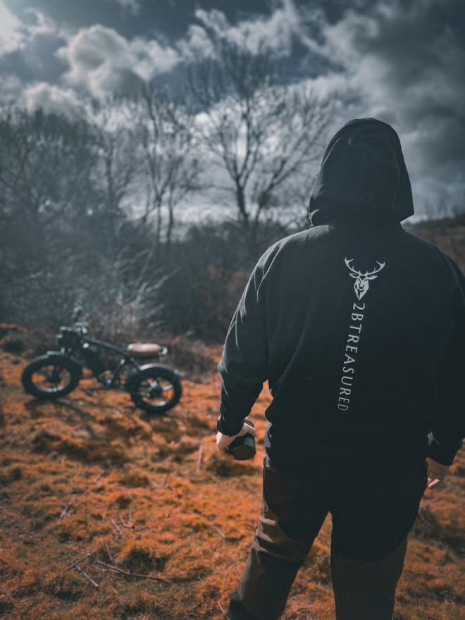 Male modelling the Embroidered Lomond Hoodie w British Flag in black colour back view of clothing item