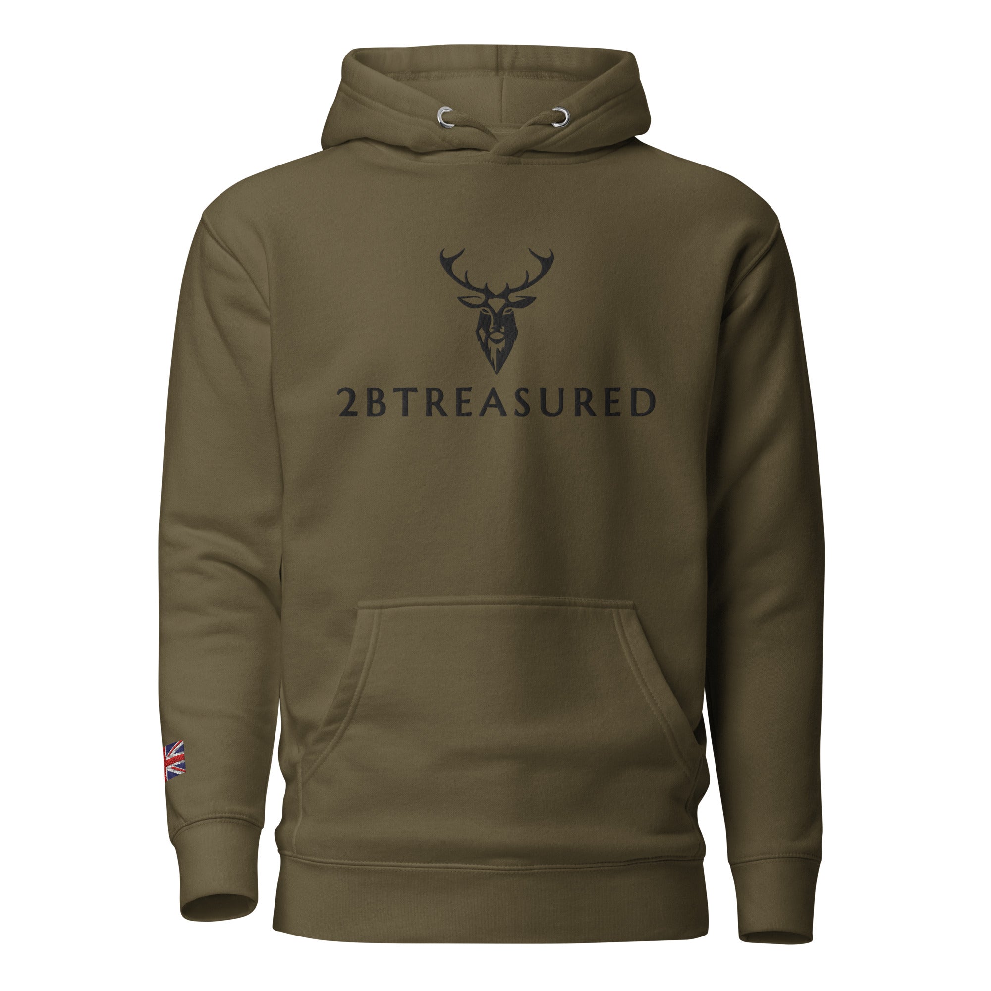 Embroidered Lomond Hoodie w British Flag in military green front view