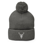 Embroidered Pom Pom Classic Knit Beanie grey front view stag logo