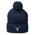 Embroidered Pom Pom Classic Knit Beanie navy colour front view of branding