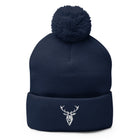 Embroidered Pom Pom Classic Knit Beanie navy colour front view of branding