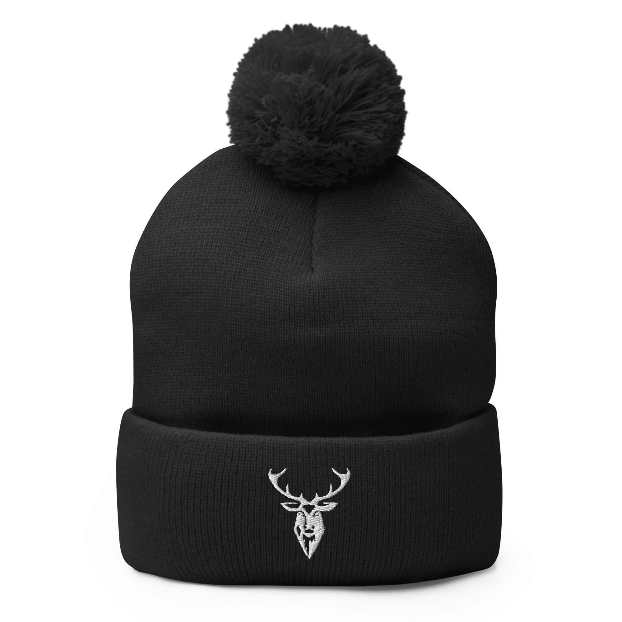 Embroidered Pom Pom Classic Knit Beanie black front view