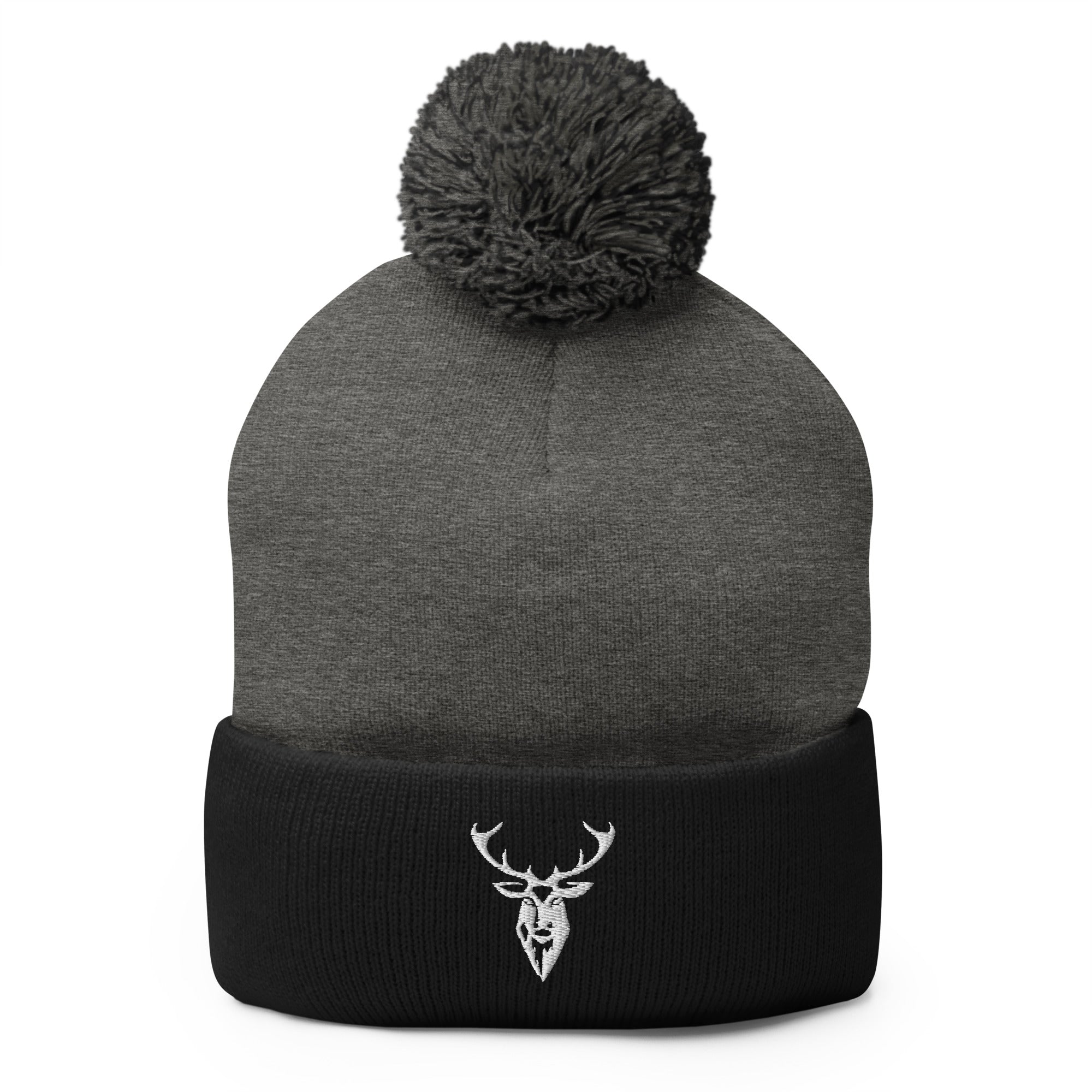 Embroidered Pom Pom Classic Knit Beanie grey and black front view